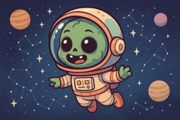 Mini Cartoon Zombie Astronaut Floating in Outer Space – Cute and Dreamy Sci-Fi Character with Stars and Planets in Pastel Colors