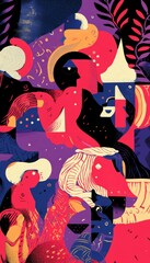 Colorful modern interpretation of ancient greek abstraction with mythological figures and patterns