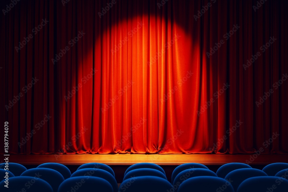 Aufkleber theater stage with red curtain and spotlight in empty auditorium for presentation or performance con