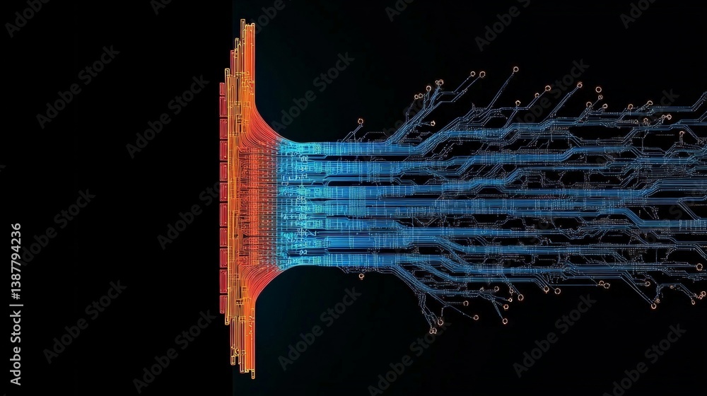 Poster abstract circuit design with flowing data streams in dark background