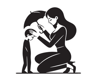 Mother hugs and protect her child. Happy Mother's day. Black flat Vector illustration