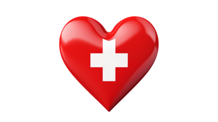 Red heart with white cross on a transparent background 