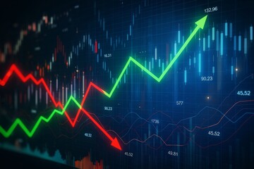 Green upward and red downward arrows on financial stock chart background showing market index volatility and investment trend concept.