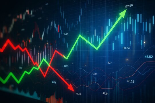 Green upward and red downward arrows on financial stock chart background showing market index volatility and investment trend concept. - Powered by Adobe