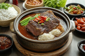 Delicious braised meat dish served with multiple side ingredients