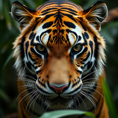 Fototapeta premium A close-up of a tiger’s piercing eyes in the jungle, shallow depth of field, 8K wildlife shot