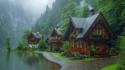 Fototapeta premium A peaceful mountain village, with quaint cottages, cobblestone streets, and lush greenery, nestled in the valley between towering peaks, creating a serene and picturesque coloring scene. 