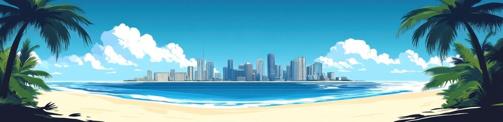 Obraz premium A sunny beach scene showcases a coastal city skyline view