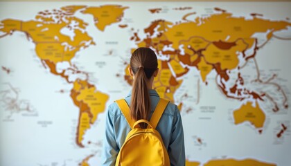 Young woman looking at world map with backpack. Planning study abroad, travel, work, adventure. Concept of international education, global mobility. Consider work education, travel opportunities.