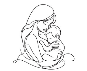 Abstract mother with a child in continuous one line drawing art style. Mother Day card. Woman hugging her baby