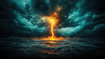 Naklejka premium Weather forcast, A lightning bolt striking a dark sky with heavy clouds.