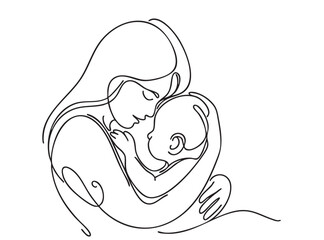 Fototapeta premium Abstract mother with a child in continuous one line drawing art style. Mother Day card. Woman hugging her baby