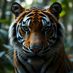 Fototapeta premium A close-up of a tiger’s piercing eyes in the jungle, shallow depth of field, 8K wildlife shot