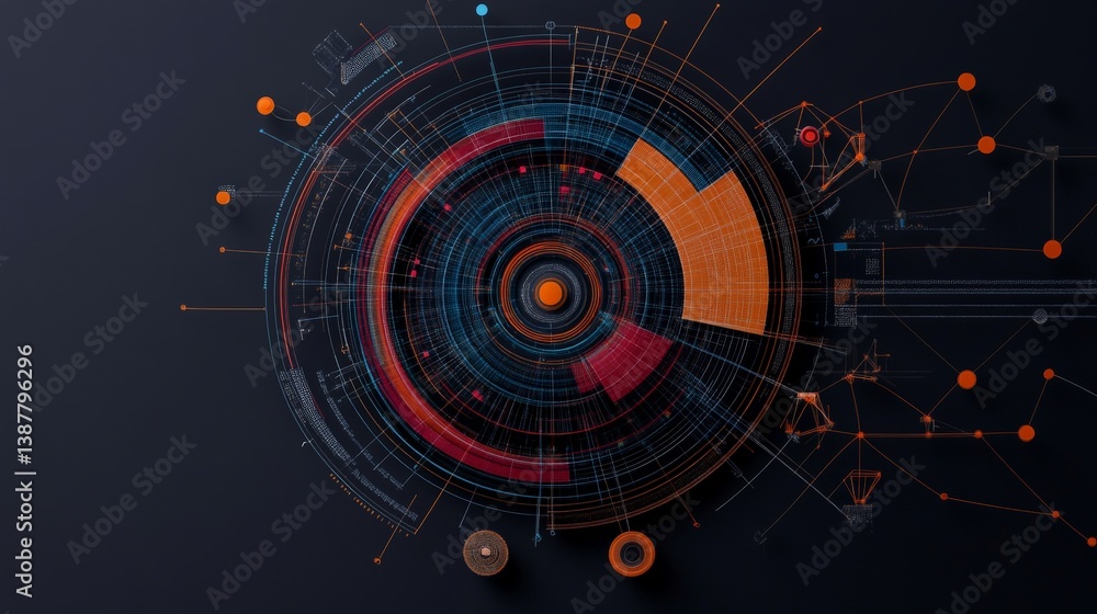 Poster abstract digital data visualization with circular elements and lines