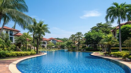 Tropical resort pool, lush landscaping, luxury villas