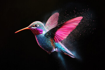 vibrant and colorful hummingbird is captured in mid flight, showcasing its iridescent feathers and dynamic pose against dark background. image evokes sense of wonder and beauty in nature