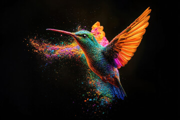 vibrant and colorful hummingbird is depicted mid flight, surrounded by burst of powdered paint various hues, creating dynamic and artistic effect. image captures beauty and grace of bird