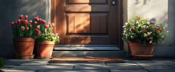 charming front door adorned with vibrant spring flowers in terracotta pots, creating welcoming atmosphere. sunlight casts gentle shadows, enhancing beauty of scene