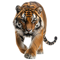 Fototapeta premium A tiger is walking on a white background. The tiger is the main focus of the image, and it is in motion. The tiger's stripes and orange color make it stand out against the white background