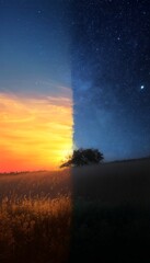 Fototapeta premium A stunning depiction of day to night transition with sunlit half sky and starry nightscape