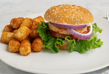 salmon burger with  ltater tots,
