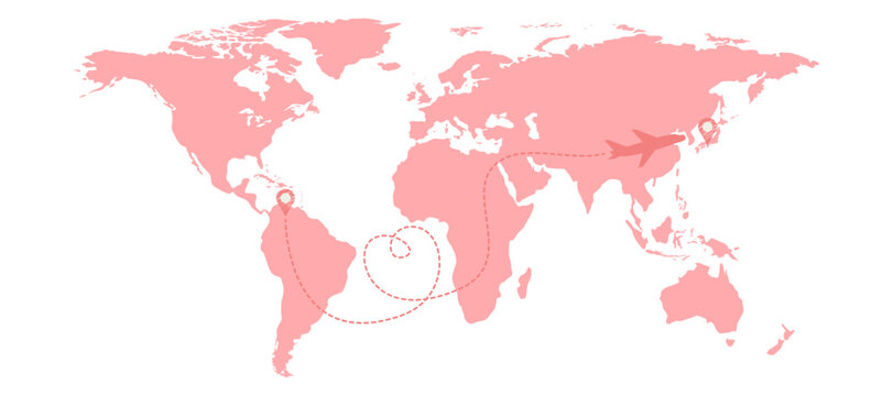 Cartoon illustration of a pink world map with a small airplane flying across it, drawing a heart-shaped path in the sky. Long distance love concept