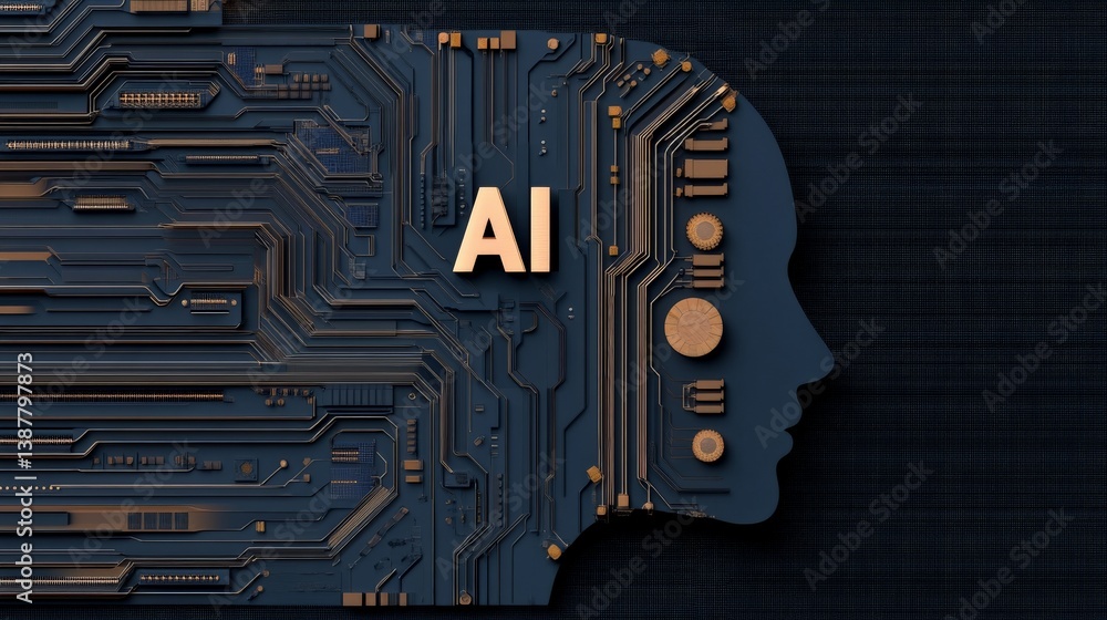 Poster abstract ai concept with circuit board design and human profile
