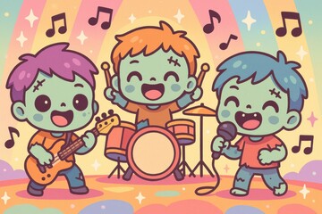 Tiny Cartoon Zombie Rock Band Playing Instruments on a Colorful Stage &ndash; Cute and Energetic Music Scene in Pastel Colors for Kids