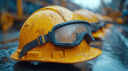 Helmets and goggles await in the rain, emphasizing the need for safety in the workforce