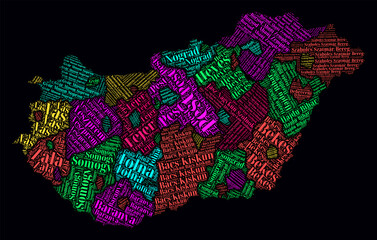 Hungary Regions Word Clouds. Bright neon style design on dark background. Region names of the country in Hungarian language. Country shape with administrative division. Elegant vector illustration.