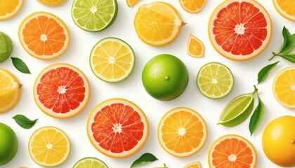 Citrus Fruits Vector Seamless Pattern – Lemon, Lime, Grapefruit, Orange – Flat Fresh Style