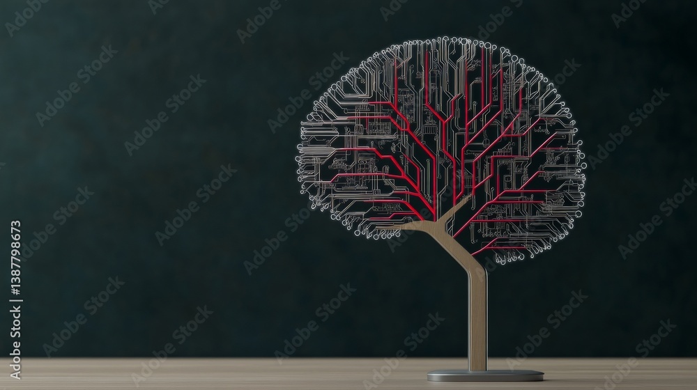 Poster abstract tree sculpture with circuit design and red connections
