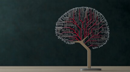 Abstract tree sculpture with circuit design and red connections