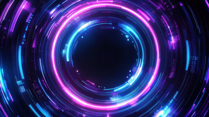 Futuristic abstract background featuring glowing circular patterns vibrant pink and blue hues, creating sense of depth and motion. This visually striking design evokes feeling of technology