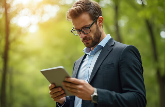 Business man using tablet to analyze renewable energy project. Person reviews green tech data, working outdoors in park, near nature. Eco-friendly investments. Climate change solutions.