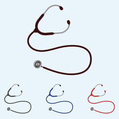 Realistic stethoscope set in dark blue, black, blood red, and light red colors.
