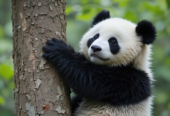 Fototapeta premium Cute Panda Climbing Tree in Natural Habitat for Conservation Awareness