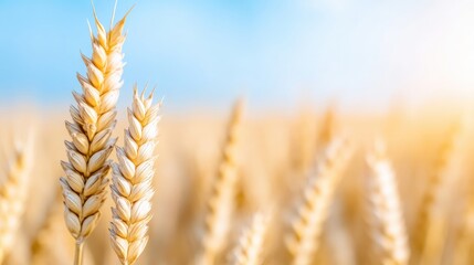 Two stalks of ripe wheat stand in focus, their golden grains detailed. The background shows a field of blurred wheat, creating depth. The image is high-quality, with bright, natural lighting. A war