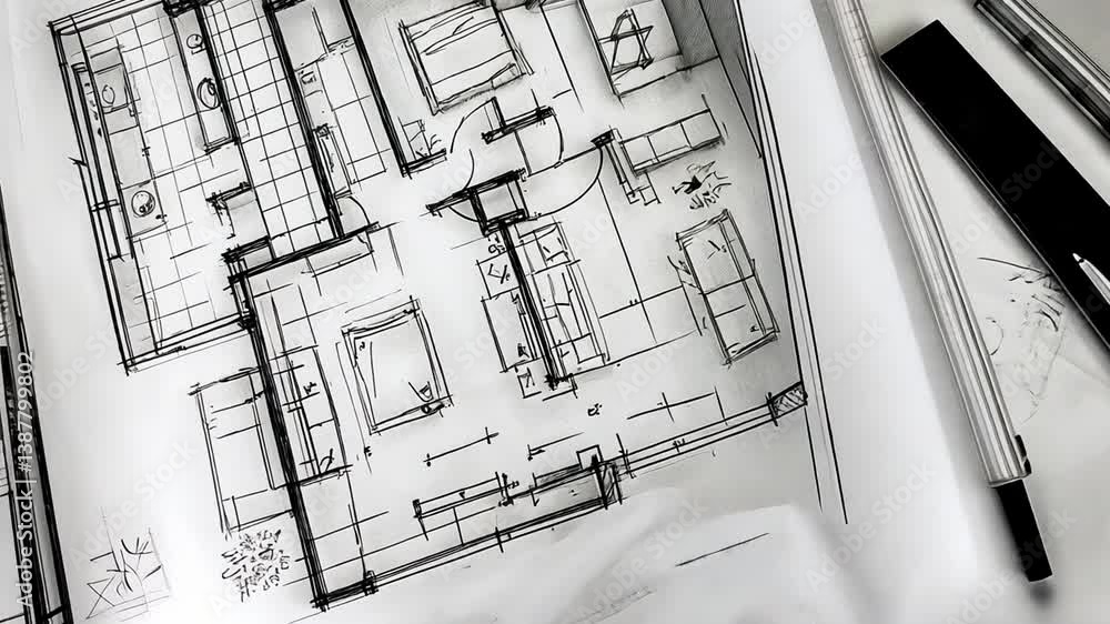 Aufkleber architectural sketch showing detailed plans for a building layout generative ai