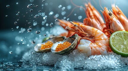 Fresh shrimp on ice with lime slices and splashing water, exotic seafood dining experience, vibrant white orange green tones, professional food photography for frozen seafood advertising.