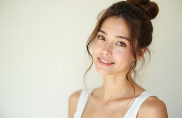 Young asian woman with long brown hair smiles looking camera. Female with perfect skin in white top. Natural beauty, fashion, spa treatment, healthy skin. Beauty, wellness, skincare.