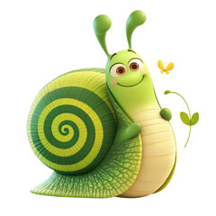 Happy green snail on a transparent background cartoon character whimsical playful environment