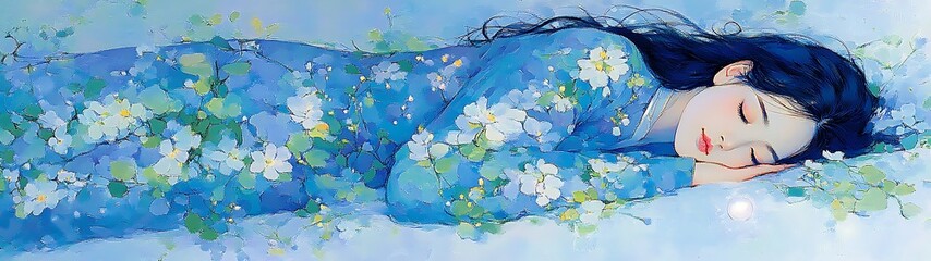 Sleeping Girl in Floral Dress, Pastel Colors