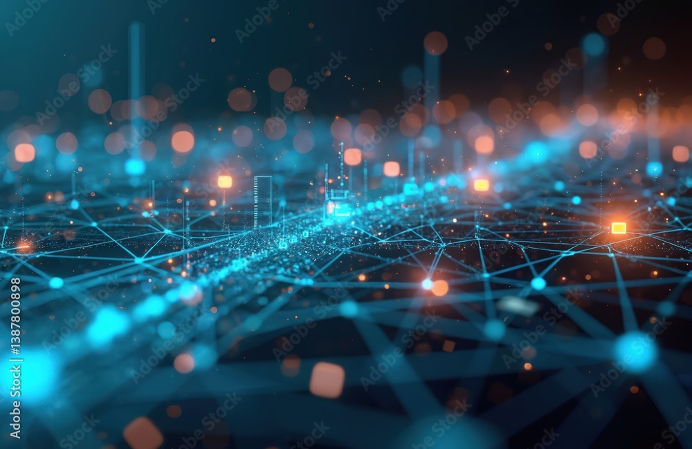 Aufkleber Abstract tech network data flow visualization. Digital cyberspace connection, global information flow. Blue glowing lines, dots, orange bokeh effect. Perfect tech background design, for data