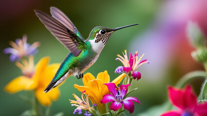 Fototapeta premium A hummingbird hovering over vibrant flowers, wings frozen in motion, macro photography