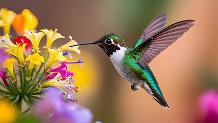 Fototapeta premium A hummingbird hovering over vibrant flowers, wings frozen in motion, macro photography