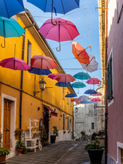 The old narrow streets in the medieval town of Riparbella in Tuscany