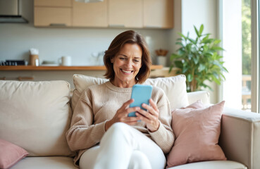 Happy mature woman uses smartphone at home. Smiling middle aged female looks at cell phone messaging or mobile shopping relaxing on sofa in living room. Comfort lifestyle.