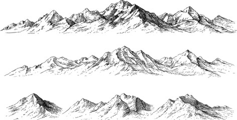 Hand-drawn mountain range, vector art, white background