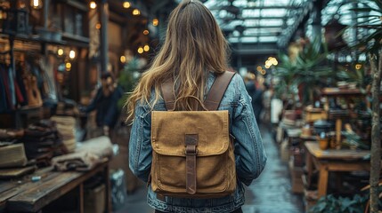 Fototapeta premium Young woman exploring a vibrant market with a stylish backpack, natural light, and rustic ambiance